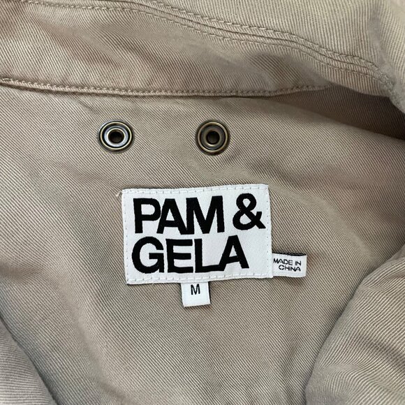 Pam & Gela Womens Long Sleeve Utility Romper Drawstring Waist Medium Lyocell Bei - Picture 5 of 11